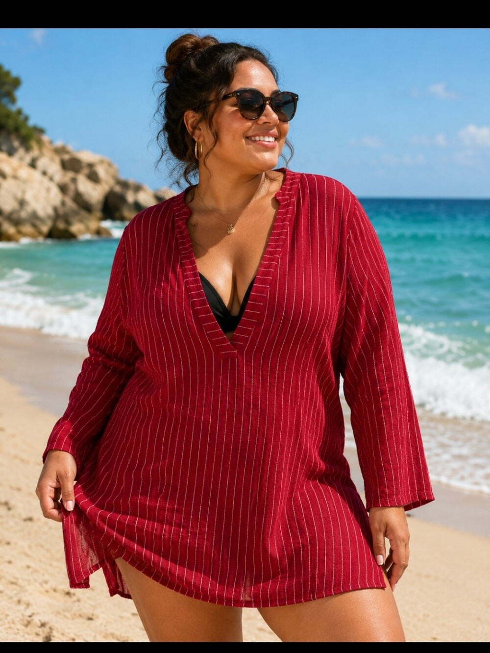 Andie Oversized Pink Stripped V Neck Swim  Coverup. NWT